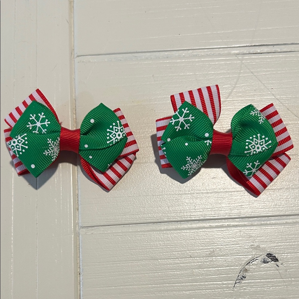 Festive Green and Red Snowflake Hair Bows